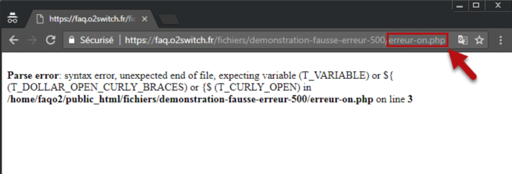 un site qui affiche un message d'erreur technique