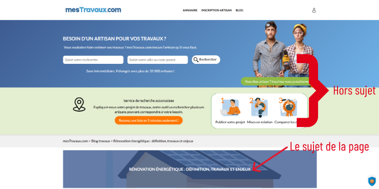 exemple de site qui est hors-sujet au-dessus de la ligne de flottaison