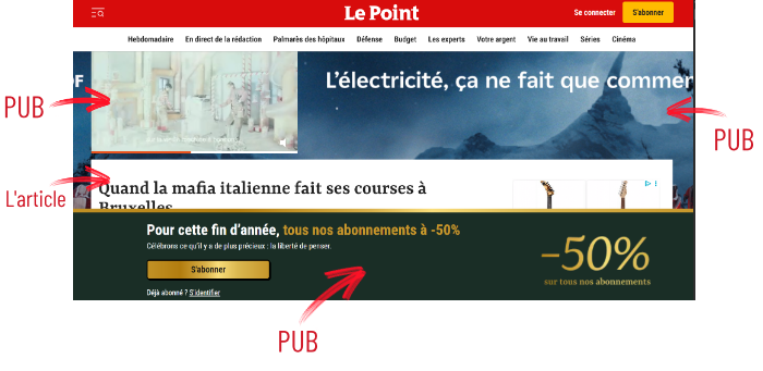 exemple d'un site web qui affiche trop de pub et rend l'accès au texte de la page difficile