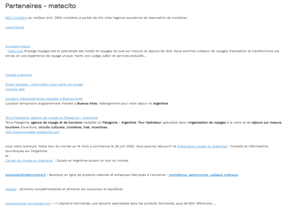 Capture d'écran d'un site qui a une page "partenaire" rempli de liens seo inutiles