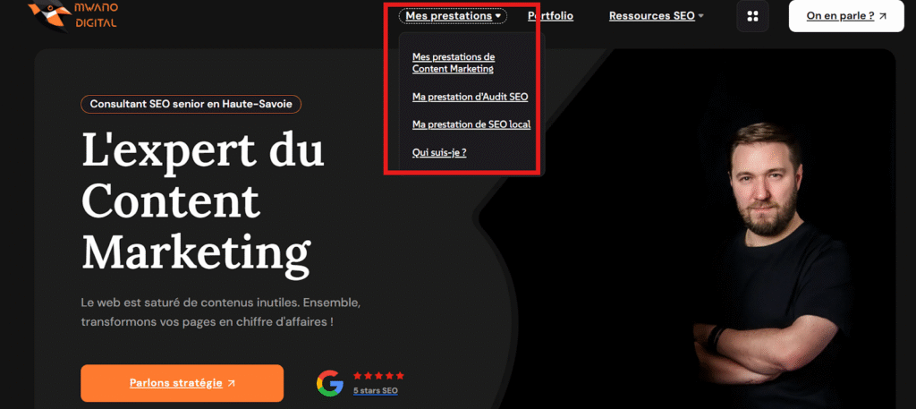 Copie d'écran de mon site Mwano Digital qui met en avant mes pages de prestation