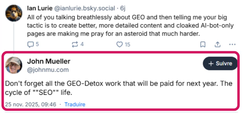 Une capture d'écran de X qui montre John Mueller, expliquant que l'IA va couter cher aux entreprises.