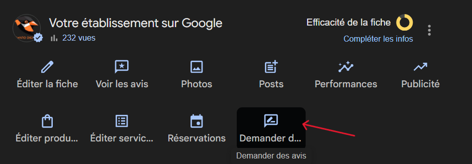 capture d'écran qui montre où trouver les demandes d'avis sur une fiche google my business