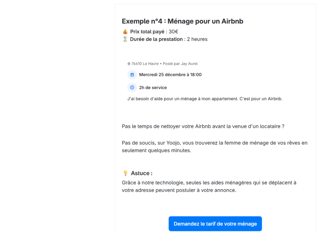 capture d'écran d'un exemple de mission demandée par un client sur le site d'un de mes clients