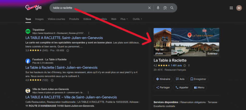 image qui montre où se trouve la fiche d'établissement local dans les résultats de Google