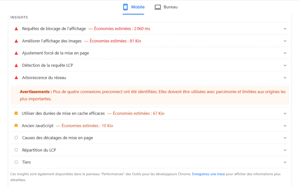 capture d'écran de pagespeed insight qui montre les types de problème que mon site doit résoudre pour charger plus vite