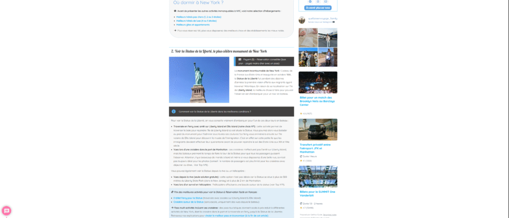 Capture d'écran d'un site de voyage qui ne montre aucune expérience vécue sur sa page