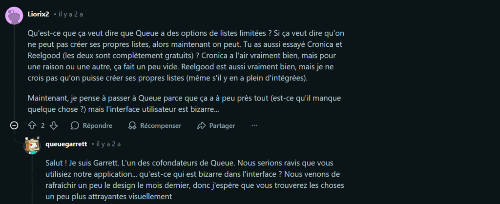 exemple d'une conversation Reddit dans laquelle un pdg aide les internautes