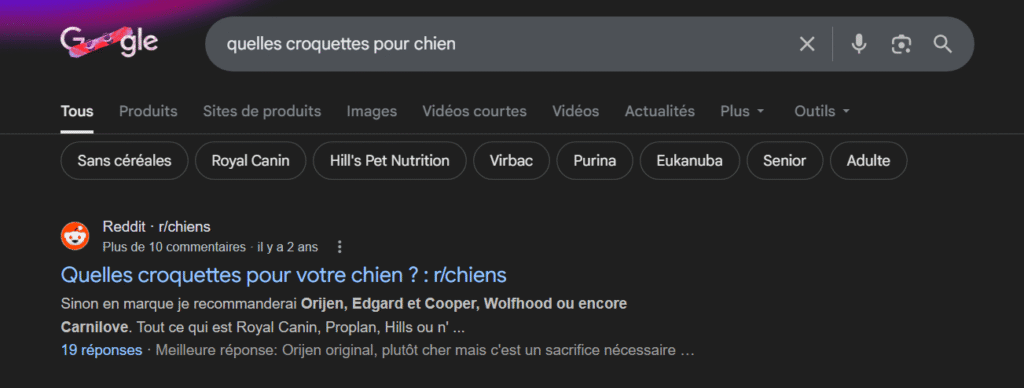 capture d'écran qui montre reddit en première place sur Google