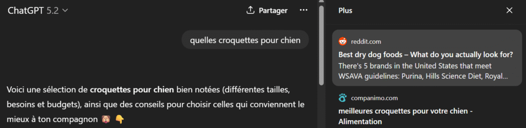 capture d'écran qui montre que reddit est cité dans les sources de chatGPT