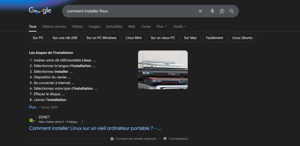 capture d'écran d'une SERP Google avec un résultat enrichie